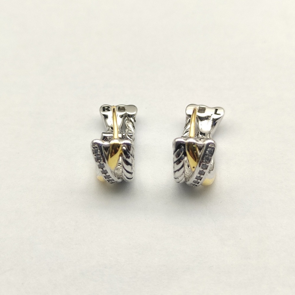 David Yurman Silver and Gold Crossover Huggie Earrings - Elegant Twist